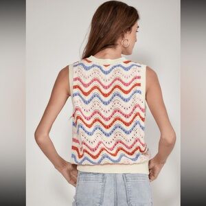 THML Cream Crochet V-Neck Sweater Vest with Pink, Red & Blue Waves